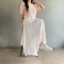 (너무예쁨)샤랄라 언발 플레어 주름 밴딩 린넨 롱스커트