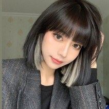 시크릿 투톤 단발 통 가발 보브컷 중단발 전체 숏단발 염색 애쉬 그레이 금발, 블랙-에쉬그레이