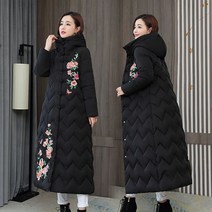 연예인롱패딩 레드 화려한 꽃무늬 중년 도톰 후드 우아한 하이넥 떡볶이 코트
