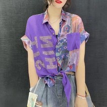 2023 여름 캐주얼 다이아몬드 패치 워크 쉬폰 셔츠 반팔 버튼 탑