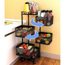 이동식 와이어바스켓 과일 야채 철제바구니 틈새수납장, 블랙_3단, 3단