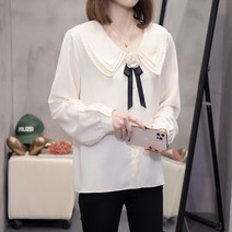 빅사이즈 여성복 2022 뚱뚱한 여동생 봄 프렌치 칼라 셔츠 퍼프 소매 달콤한 셔츠 여자