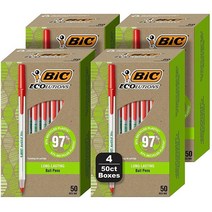 빅 BIC Ecolutions 라운드 스틱 볼펜 미디엄 포인트 (1.0mm) 200개 팩 97% 재활용 플라스틱으로 만든 블랙 잉크 펜 277913, Red