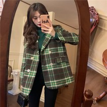 긴팔 이너셔츠 체크정장 모직코트 여성 가을겨울 두꺼운 작은 키 겹 버튼 클래식 그린 3180594995