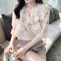 안나리야 루즈핏 꽃무늬 레이스 프릴 쉬폰 블라우스 SH