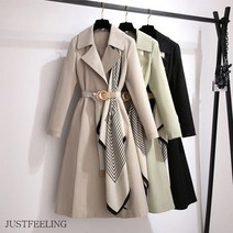 JUSTFEELING 여성 봄가을 스카프 디자인 트렌치코트 빅사이즈 루즈핏 여성 아우터 코트 날씬핏 허리벨트