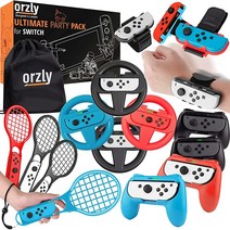 Orzly 닌텐도 스위치 및 OLED 콘솔 게임용 패밀리 스포츠 파티 팩 액세서리 번들 - 휠 테니스 배드민턴 라켓 컨트롤러 그립 저스트 댄스 손목 밴드 휴대용 가방 포함