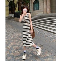 [이꾸띠] 비넘이리 여성 라운드넥 스트라이프 타이트한 프리 2컬러 원피스