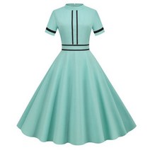 솔리드 여성 여름 드레스 우아한 짧은 소매 스탠드 칼라 빈티지 a 라인 미디 긴 사무실 파티 Sundress 가운