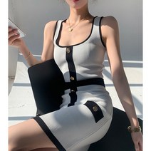 수입 제니 한예슬 골드 버튼 화이트 블랙 슬림핏 나시 니트 원피스