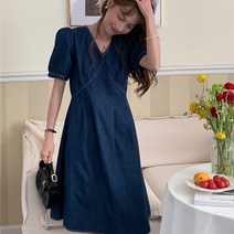 비마이팩 벌룬 퍼스소매 브이넥 반팔 청 데님 원피스
