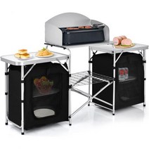 GYMAX 접이식 캠핑 테이블 지퍼정리 선반윈드스크린 2개가 있는 휴대용 주방 캠핑용 요리 하이킹 피크닉 BBQ 블랙, Black