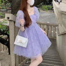 연보라 샤원피스 스퀘어넥 퍼프소매 휴양지원피스