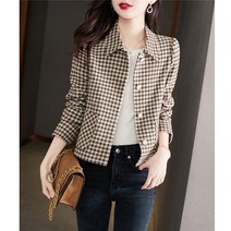 JUSTFORU 여성 봄가을 코트 빈티지 카라 체크 포켓 단추 점퍼