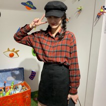 오버핏셔츠 봄가을 클래식 홍콩무드 체크무늬 와이셔츠 여성 상의 디자인감각 보이핏 볼륨 650919849