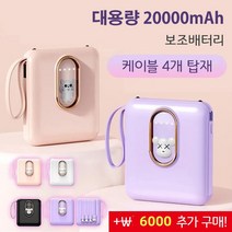 1개/1+1 휴대용 고속보조배터리 대용량 20000mAh 보조배터리 케이블 4개 탑재 멀티 컬러 옵션, 블랙(고양이)1+1
