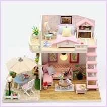 DIY 핑크 로프트 모델 빌딩 키트 를위한 나무 소형 인형 하우스 가구 선물 3D 공예 집 장난감 키덜트 40대 만들기 취미, No dust cover
