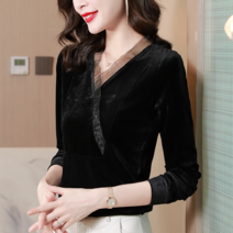 올가을 겨울 골드 벨벳 배합 오간사 레깅스 여 긴팔 티셔츠 패션 시크 프리미엄 톱