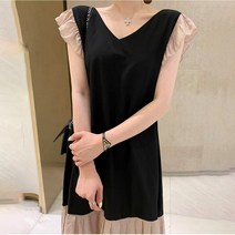 쉬폰 플리츠 프릴 v넥 맥시 롱 나시 배색 민소매 원피스