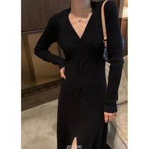 ROGBID 가을 겨울 레깅스 스커트 긴팔 v넥 허리 축소 디자인감 트임 롱스커트 하이웨이스트 타이트한 니트 원피스