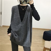 루즈핏 울 오버핏 베스트 여 롱 브이넥 니트 베스트 빅사이즈 스웨터 나시 코트 하늘비즈 Q400T958
