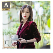 ANYOU 여성 금벨벳 정장 세트 더블카라 자켓 와이드 롱 팬츠 정장세트