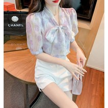 상의 봄 가을 여성 쉬폰 셔츠 여름 리본 핑크 플라워 상의