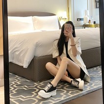 여성 하이탑 스니커즈 캔버스 운동화 키높이 부츠 레이스업 벨크로 통굽 키높이 여자스니커즈 인박카006