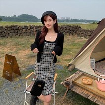 여성용 골지 가디건 + 체크 미니 원피스 세트