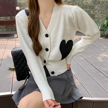 러블리 하트 빅버튼 브이넥 여성 크롭 니트 가디건