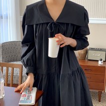 [랜덤플레이] 큐트 브이넥 빅카라 티어드 셔츠 미디원피스