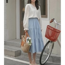보들 후들 가벼움 촉감 좋은 샬랄라 캉캉 여름 청 데님 롱 a라인 스커트 편안 여리여리핏