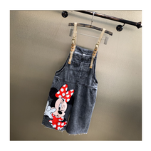 여성 빅사이즈 미키 데님 와이드 멜빵 반바지 8177