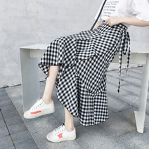 스타데일리 허리 스트링 체크 프릴 롱 랩스커트