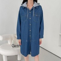 여자 오버핏 후드 생지 데님 미디 원피스