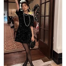 여성 블랙 스팽글 숏 반팔 원피스 명품 스타일 반짝이 반팔 드레스 20 30 40 대 데일리 코디