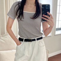 스퀘어넥 골지 단가라 반팔 티셔츠 코튼 스판 여성 이너 레이어드 스트라이프 티 슬림핏
