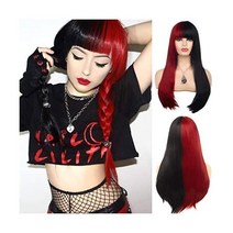Wig Half Red Half Black Long Straight Hair Wig with Fringe Synthetic Cosplay Wig for Women Heat Resi, black red