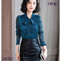 레이스 타이넥 슬림핏 프릴 블라우스 반짝이LS006
