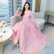 셀프웨딩드레스 2부드레스 대여 여성용 여름 핑크 쉬폰 비치 보헤미안 맥시 드레스 우아한 꽃무늬 바디콘 파티 댄스 긴 소매 밤 dress
