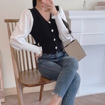 마쿠쿠 소매 스모크 여성 브이넥 크롭 니트 가디건 블라우스 혼합
