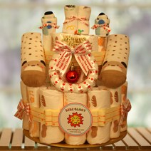 하기스 기저귀 케이크2단 화이트 크리스마스 - 기저귀28개+캐릭터 양말+무형광 손수건 포함, 여아용, 2단계 백일이전용