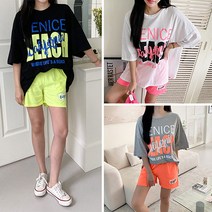 오브치치 여성 빅사이즈 형광 반팔티셔츠 3부 반바지 세트 트레이닝복 상하세트