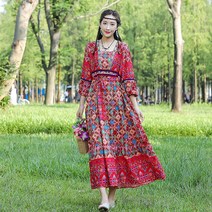 동남아 원피스 에스닉 휴가 오버핏 롱 드레스 자수 허리끈 퍼프소매