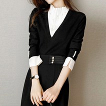 다이뻐 리틀깽스 여성스러운 로맨틱 블랙화이트 배색 하객패션 출근룩 정장스타일 고급스러운 가을겨울 니트