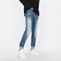 데님공방 남성용 스판 슬림일자핏 데미지 찢청 워싱 중청 데님팬츠