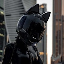 고양이 귀 헬멧 자전거 전동 킥보드 라이딩 헬멧, 블랙캣 블랙렌즈 블루투스 헤드셋, L