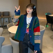 안나리야 브이넥 배색 컬러 체크 루즈핏 니트 가디건 SY