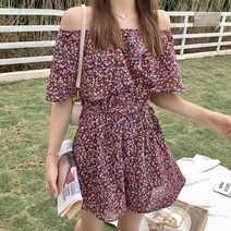 플라워패턴 점프슈트 A라인 어깨밴딩 오프숄더 프릴