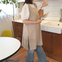 방가지똥 앞치마 단추없는 통원피스 베이지핑크꽃 바이오워싱린넨 앞치마